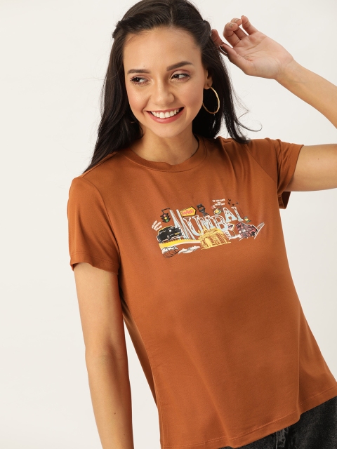 

DressBerry Women Rust Brown Typography & Graphic Print Round Neck T-shirt