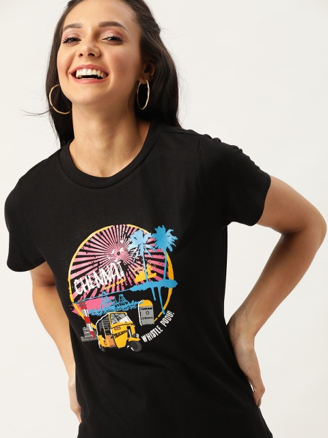 

DressBerry Women Black & Pink Printed Round Neck T-shirt