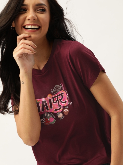 

DressBerry Women Burgundy & Pink Printed Round Neck T-shirt