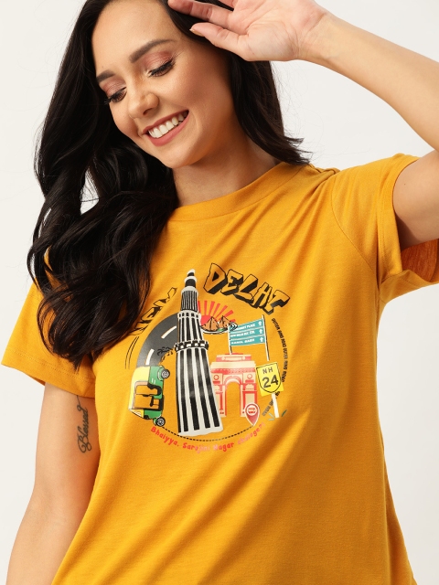 

DressBerry Women Mustard Yellow & Black New Delhi Printed Round Neck T-shirt