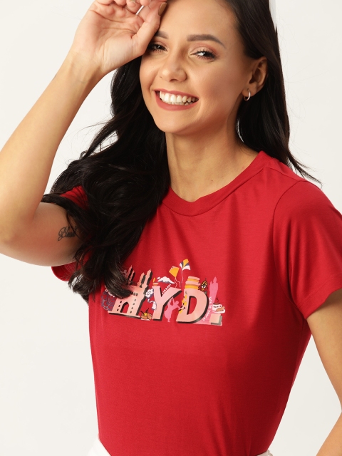 

DressBerry Women Red Printed Round Neck T-shirt