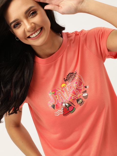 

DressBerry Women Coral Orange Printed Round Neck T-shirt