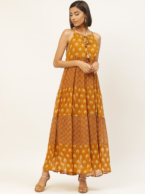 

Label Ritu Kumar Women Mustard Brown Floral Print Maxi Tiered Dress