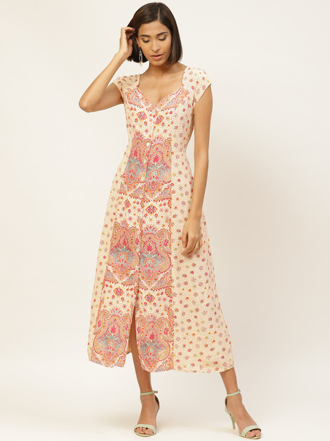 

Label Ritu Kumar Beige & Pink Printed Plunging Sweetheart Neck Midi Fit & Flare Dress
