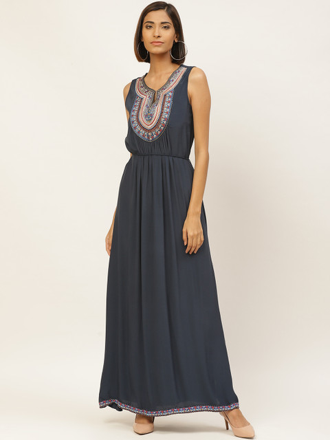 

Label Ritu Kumar Women Navy Blue Solid Maxi Dress with Embroidered Detail