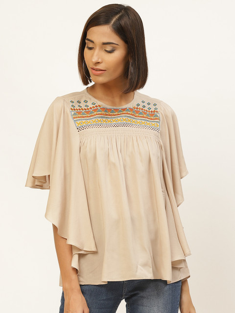 

Label Ritu Kumar Women Beige Flutter Sleeve Solid Top