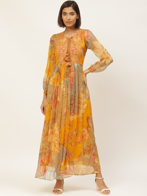 

Label Ritu Kumar Women Mustard Yellow & Grey Floral Printed Maxi Dress