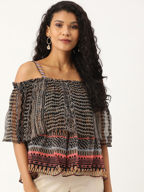 

Label Ritu Kumar Women Brown & Black Layered Cold-Shoulder Printed Bardot Top