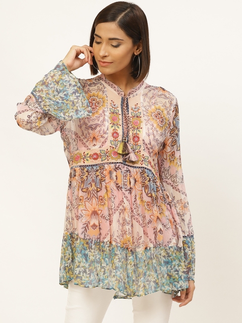 

Label Ritu Kumar Women Pink & Blue Floral Print Longline A-Line Top with Inner