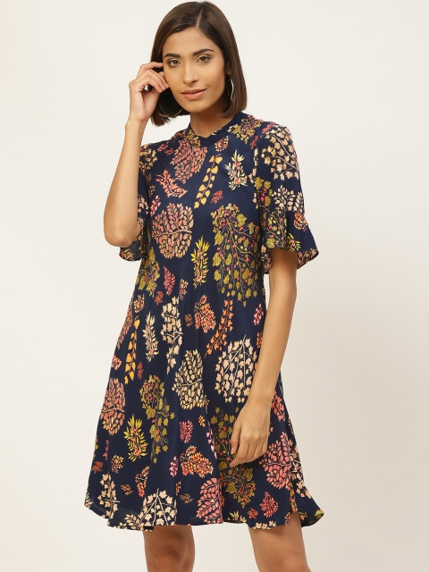 

Label Ritu Kumar Women Navy Blue & Pink Floral Print A-Line Dress