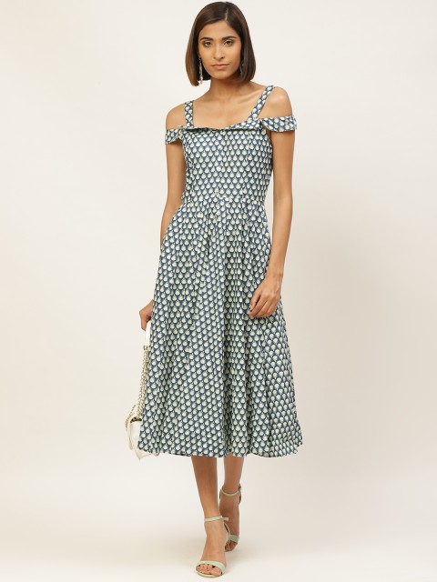 

Label Ritu Kumar Women Navy Blue & Sea Green Printed Midi Fit & Flare Dress