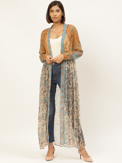 

Label Ritu Kumar Women Mustard Yellow & Beige Printed Sheer Longline Open Front Shrug