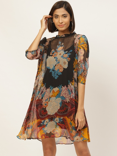 

Label Ritu Kumar Women Black & Mustard Yellow Printed Semi-Sheer A-Line Dress
