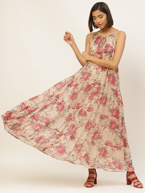 

Label Ritu Kumar Women Beige & Pink Floral Printed Maxi Tiered Dress