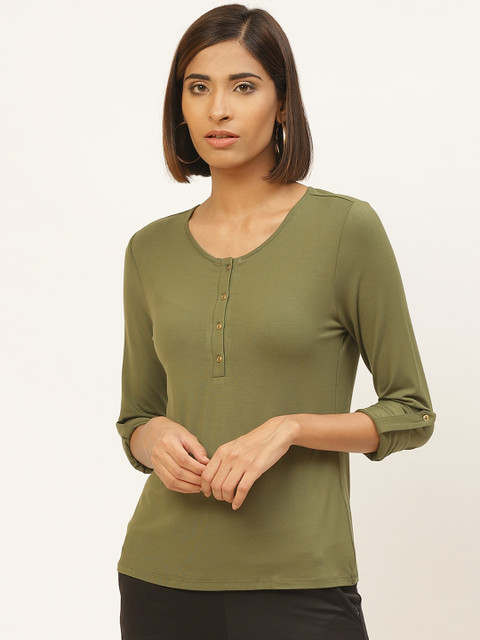 

Label Ritu Kumar Women Olive Green Solid Henley Neck T-shirt