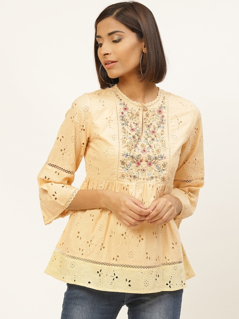 

Label Ritu Kumar Women Beige Schiffli Embroidered Empire Pure Cotton Top