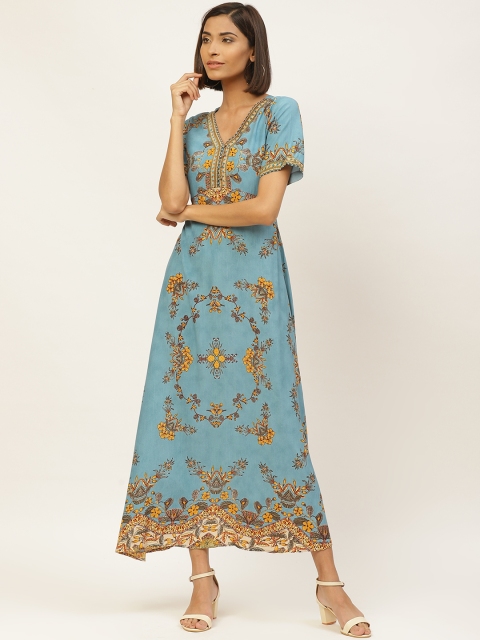 

Label Ritu Kumar Women Blue & Mustard Yellow Floral Printed Maxi Dress