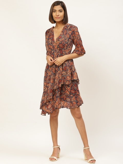 

Label Ritu Kumar Women Navy Blue & Orange Printed Ruffled Asymmetric A-Line Dress