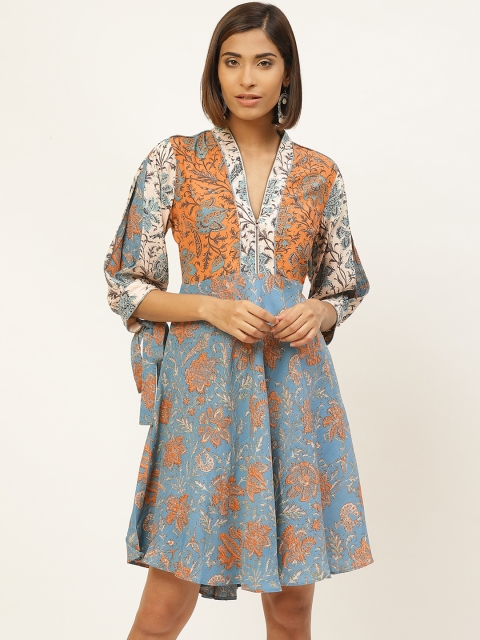 

Label Ritu Kumar Women Blue & Orange Printed A-Line Dress