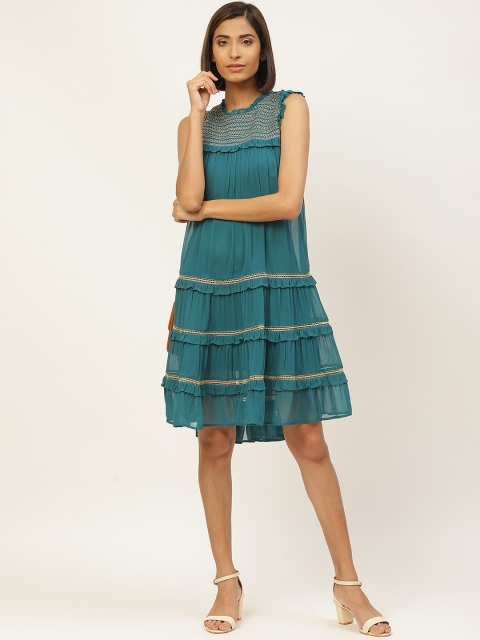 

Label Ritu Kumar Women Teal Green & Golden Solid A-Line Tiered Dress