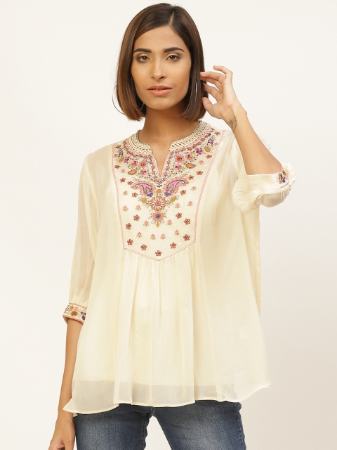 

Label Ritu Kumar Women Cream-Coloured & Pink Ethnic Yoke Embroidered Semi-Sheer A-Line Top