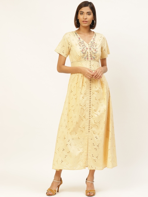 

Label Ritu Kumar Women Beige Schiffli Embroidered Maxi Dress