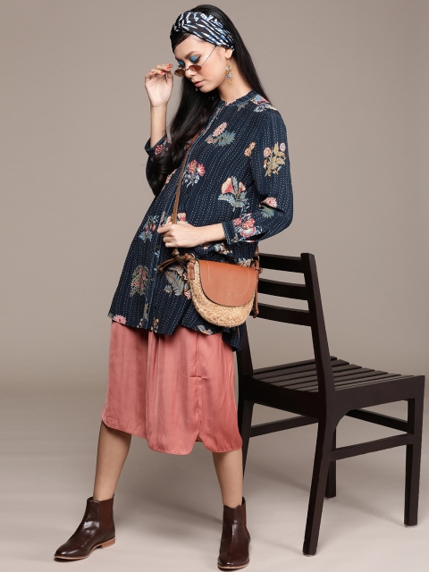 

Label Ritu Kumar Women Navy Blue & Pink Floral Print Opaque Printed Casual Shirt