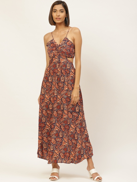 

Label Ritu Kumar Women Navy Blue & Rust Orange Printed Cut-Out Maxi Dress