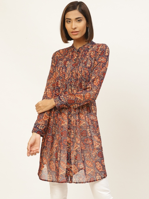 

Label Ritu Kumar Women Navy Blue & Rust Red Printed Sheer Tunic
