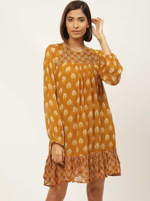 

Label Ritu Kumar Women Mustard Brown & Beige Floral Printed A-Line Dress
