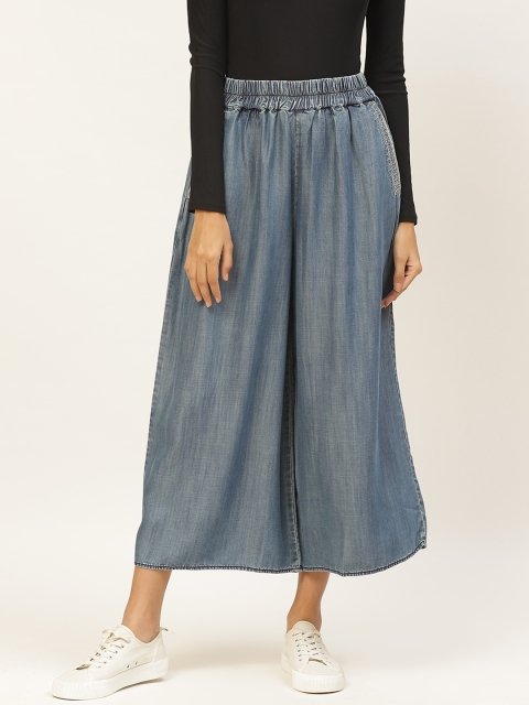 

Label Ritu Kumar Women Navy Blue Solid Cropped Wide Leg Chambray Palazzos