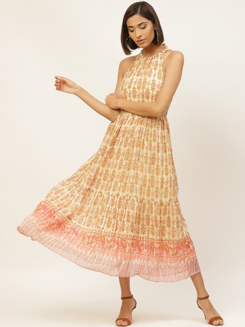 

Label Ritu Kumar Women Cream-Coloured & Mustard Yellow Tiered Printed Maxi Dress