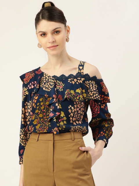 

Label Ritu Kumar Women Navy Blue & Lime Green Ruffled Printed Top