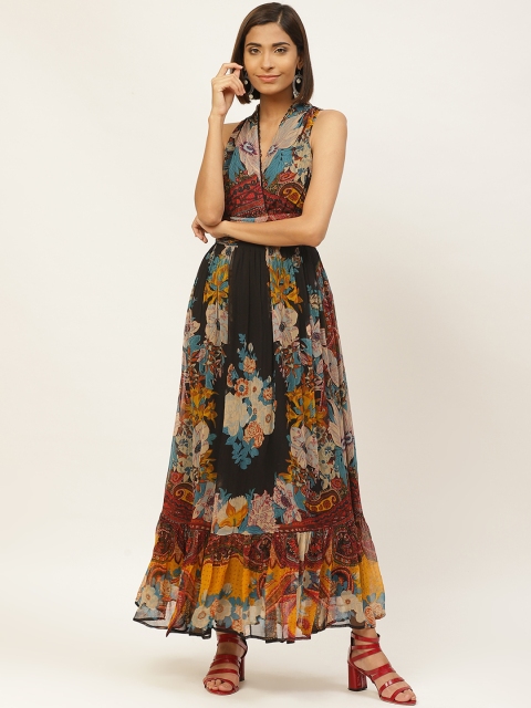 

Label Ritu Kumar Women Black & Beige Printed Maxi Dress