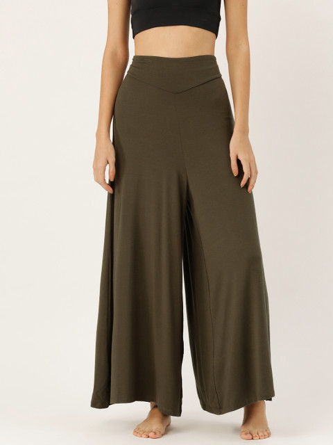

Label Ritu Kumar Women Olive Green Solid Yoga Flared Track Pants