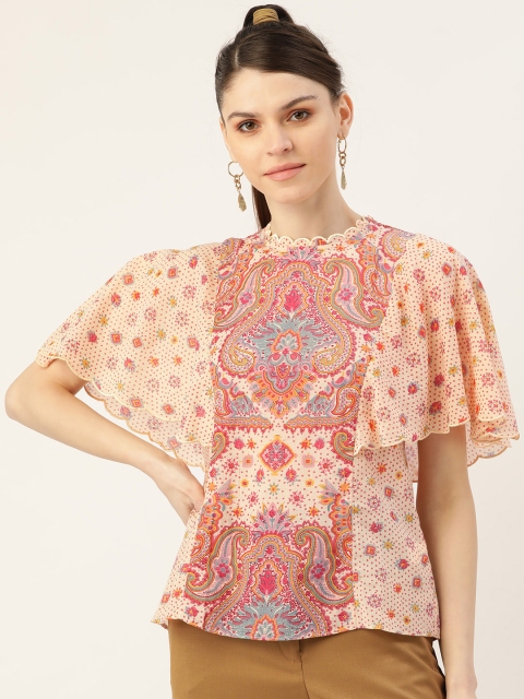 

Label Ritu Kumar Women Peach-Coloured & Pink Ethnic Print Top