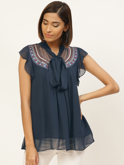 

Label Ritu Kumar Women Navy Blue Tie-Up Neck Solid Top
