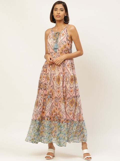 

Label Ritu Kumar Women Pink & Blue Floral Printed Maxi Tiered Dress