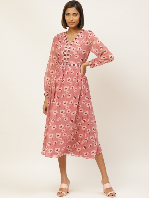 

Label Ritu Kumar Women Pink & Burgundy Floral Print A-Line Dress