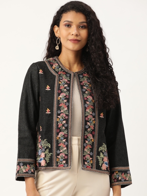 

Label Ritu Kumar Women Charcoal Grey & Pink Floral Embroidered Tailored Jacket