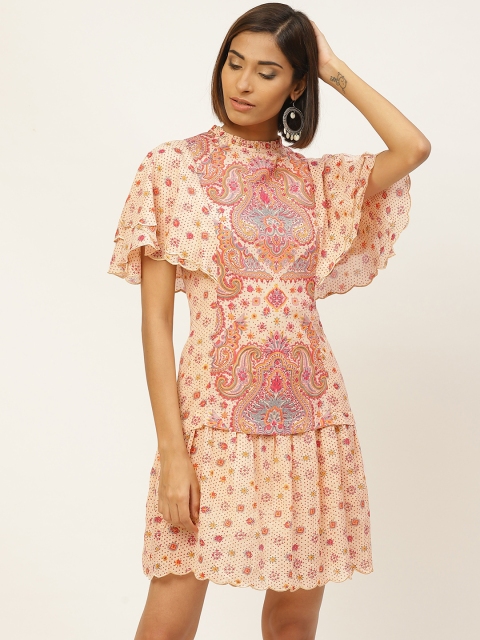 

Label Ritu Kumar Women Cream-Coloured & Pink Printed A-Line Dress
