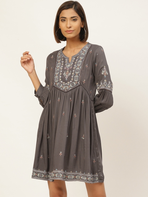 

Label Ritu Kumar Women Charcoal Grey Embroidered A-Line Dress