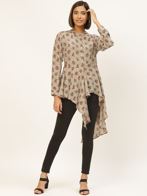

Label Ritu Kumar Women Grey & Pink Floral Printed Longline A-Line Top