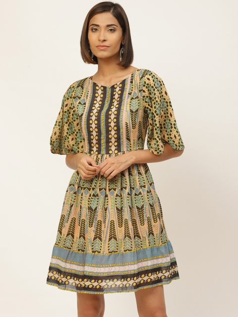 

Label Ritu Kumar Women Peach-Coloured & Black Printed A-Line Dress