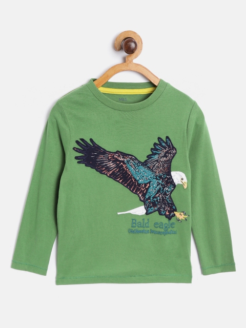 

Marks & Spencer Boys Green & Navy Blue Eagle Applique Pure Cotton Round Neck T-shirt