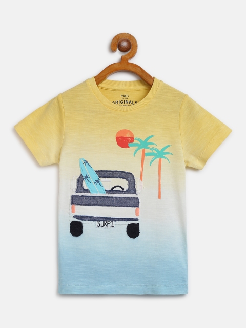 

Marks Spencer Boys Blue Mustard Yellow Tropical Print Pure Cotton T-shirt