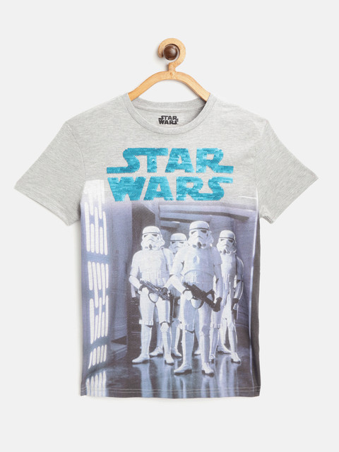 

Marks & Spencer Boys Grey Melange & Blue Star Wars Print Flip Sequinned Round Neck T-shirt