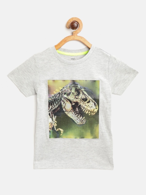 

Marks & Spencer Boys Grey Melange & Green Dinosaur Hologram Round Neck T-shirt