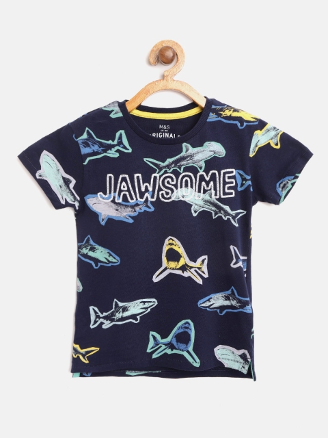 

Marks & Spencer Boys Navy Blue Shark Print Round Neck T-shirt