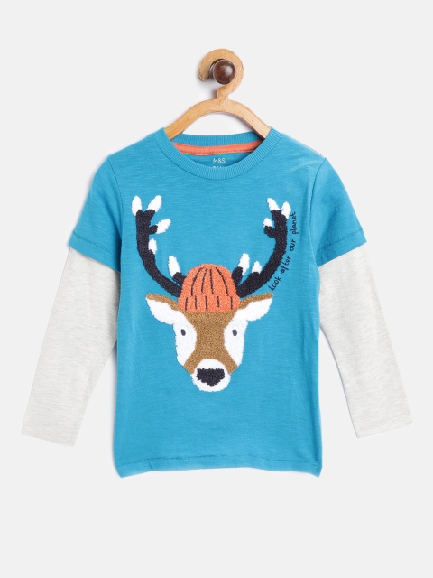 

Marks & Spencer Boys Teal Blue Fuzzy Moose Applique Pure Cotton Round Neck T-shirt